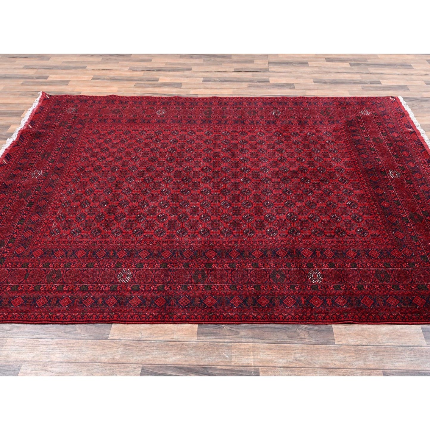 6'5"x9'5" Red Turkaman with Khoja Roshni Design Hand Knotted Soft Wool Rug