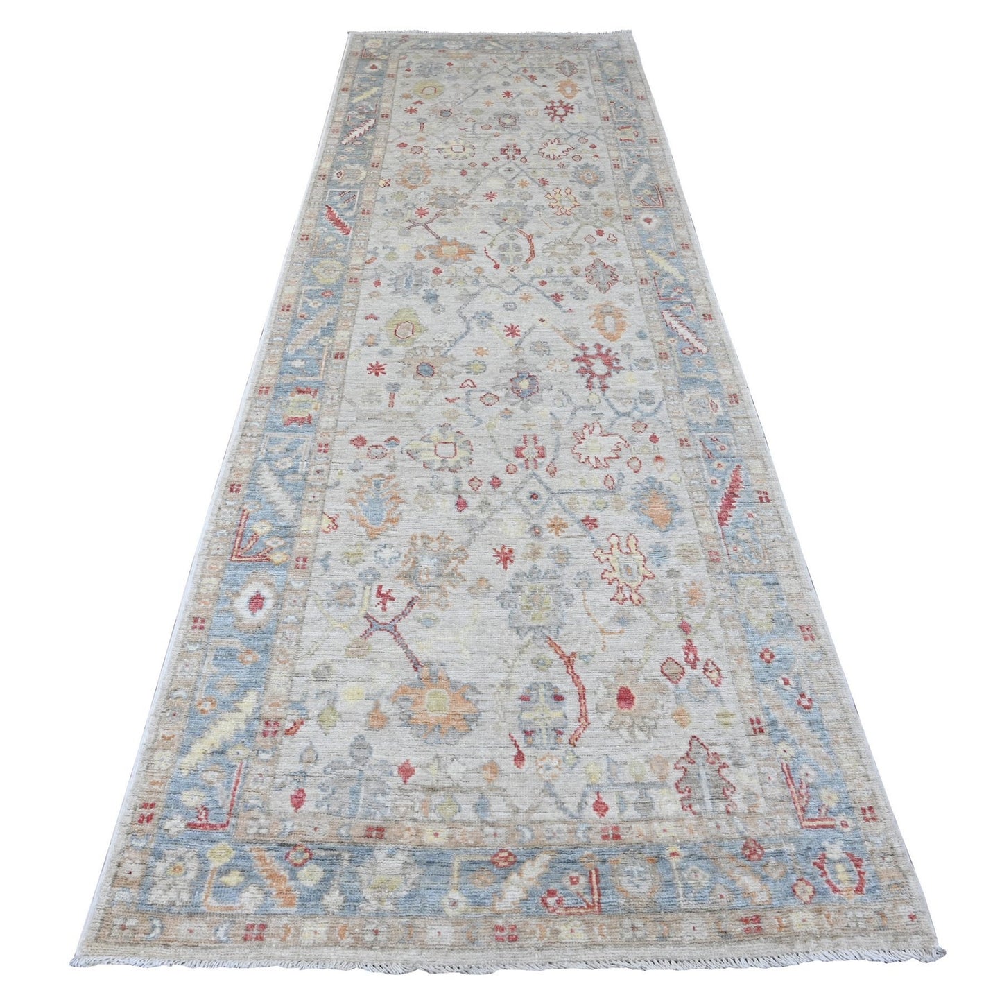 3'10"X12'3" White Angora Oushak Leaf Design Hand Knotted Wool Runner Rug