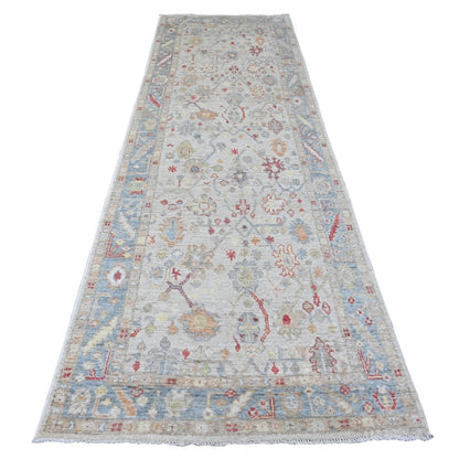 3'10"X12'3" White Angora Oushak Leaf Design Hand Knotted Wool Runner Rug