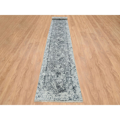 2'8"X20' Gray Wool/Silk Hand Knotted Zoroastrian Design Xl Runner Rug