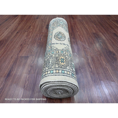 2'6"X16'2" White Mori Bokara Geometric Motif Wool Hand Knotted Runner Rug