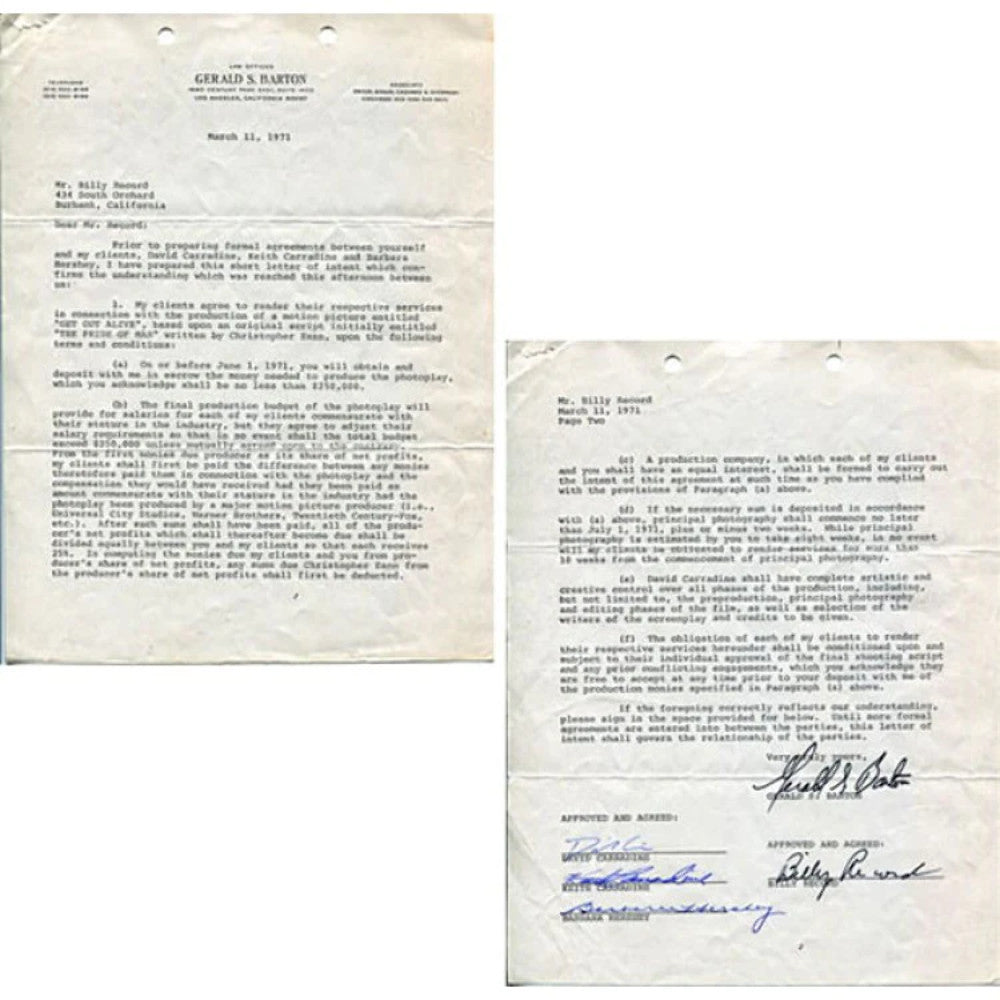 David Carradine Keith Carradine & Barbara Hershey Autographed Get Out Alive Cont