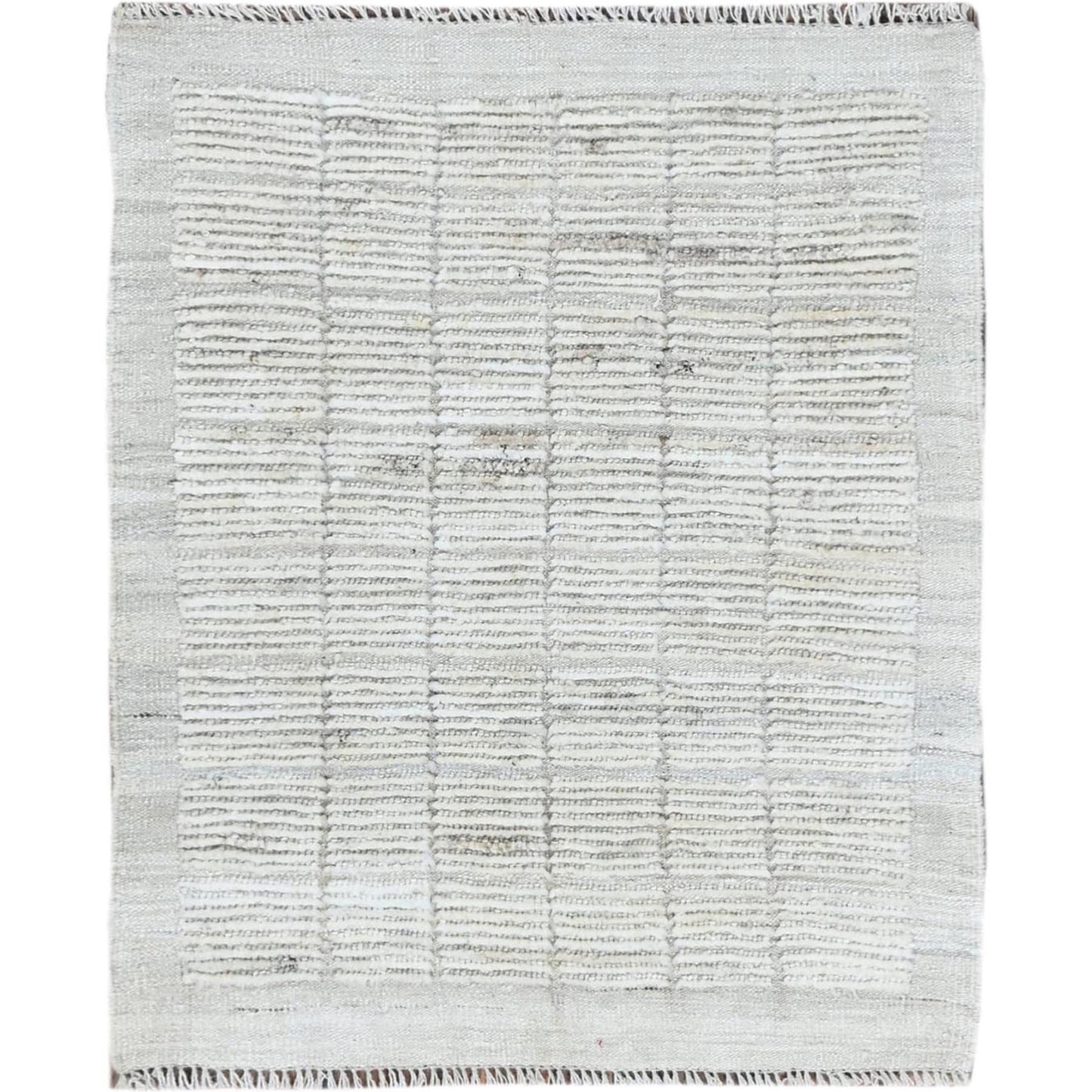 2'4"X3' Ivory Moroccan Weave With Squares Design Wool Hand Knotted Mat Rug