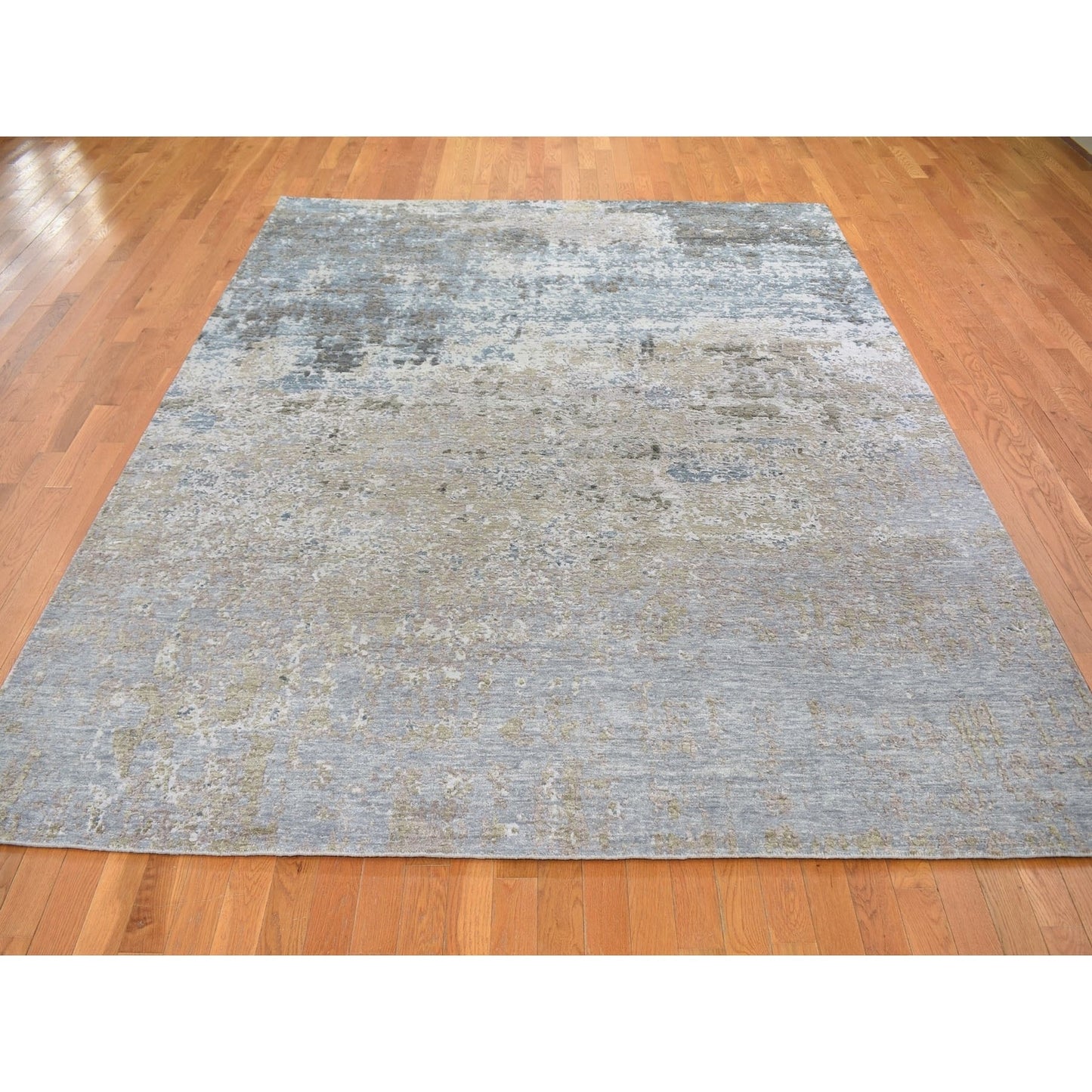 8'X9'10" Gray Abstract Design Wool And Silk Hand Knotted Oriental Rug
