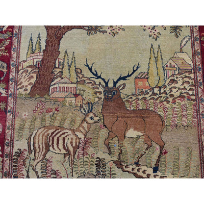 4'7"X6'7" White Antique Kishoon Design Hand Knotted Pure Wool Rug