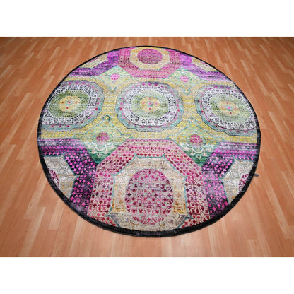8'1"X8'1" Yellow Mamluk Design Sari Silk With Wool Hand Knotted Round Rug