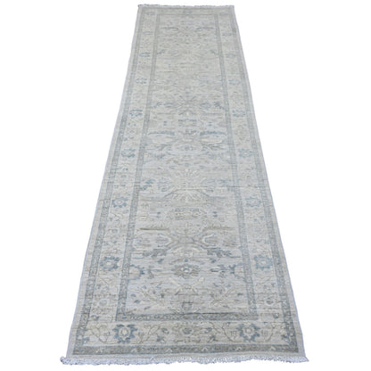 2'9"X9'10" White Heris All Over Design Pure Wool Hand Knotted Runner Rug