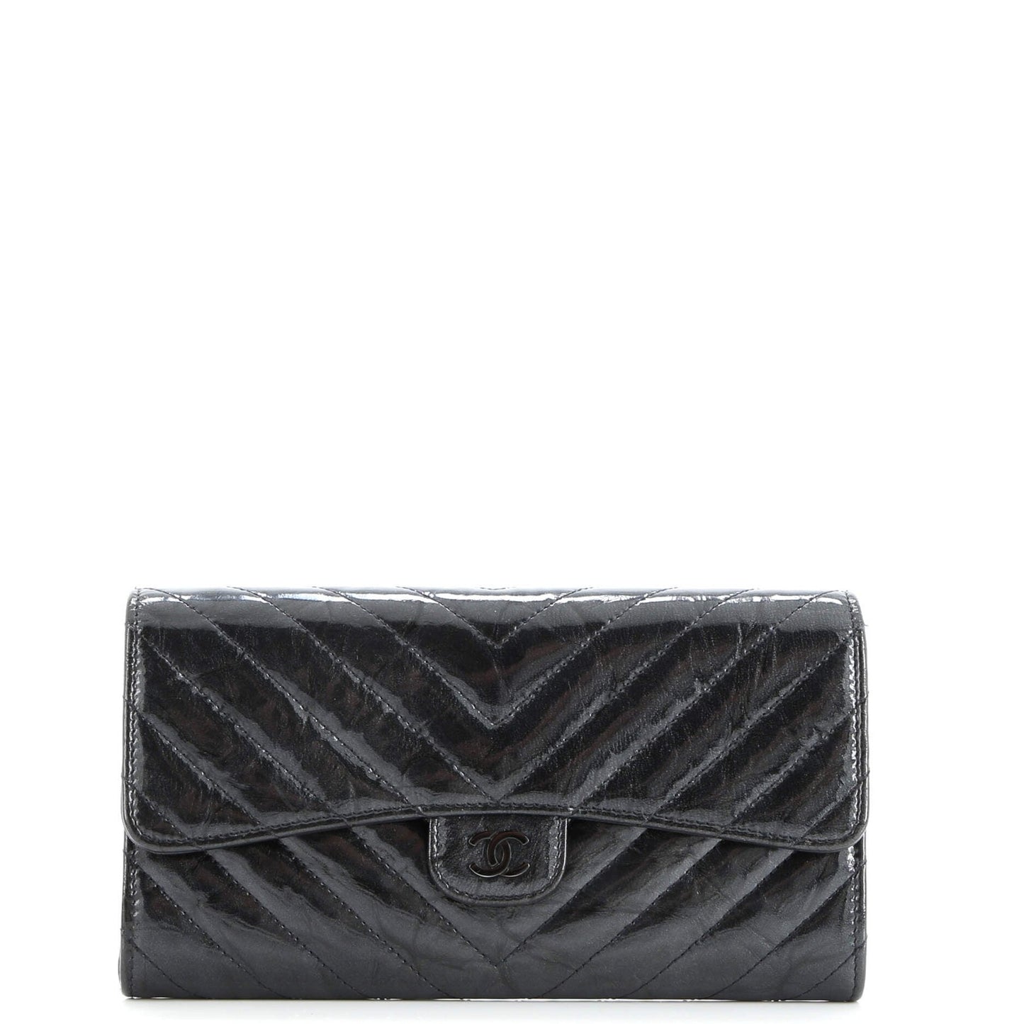Chanel So Black Cc Gusset Classic Flap Wallet Chevron Crumpled Metallic Patent