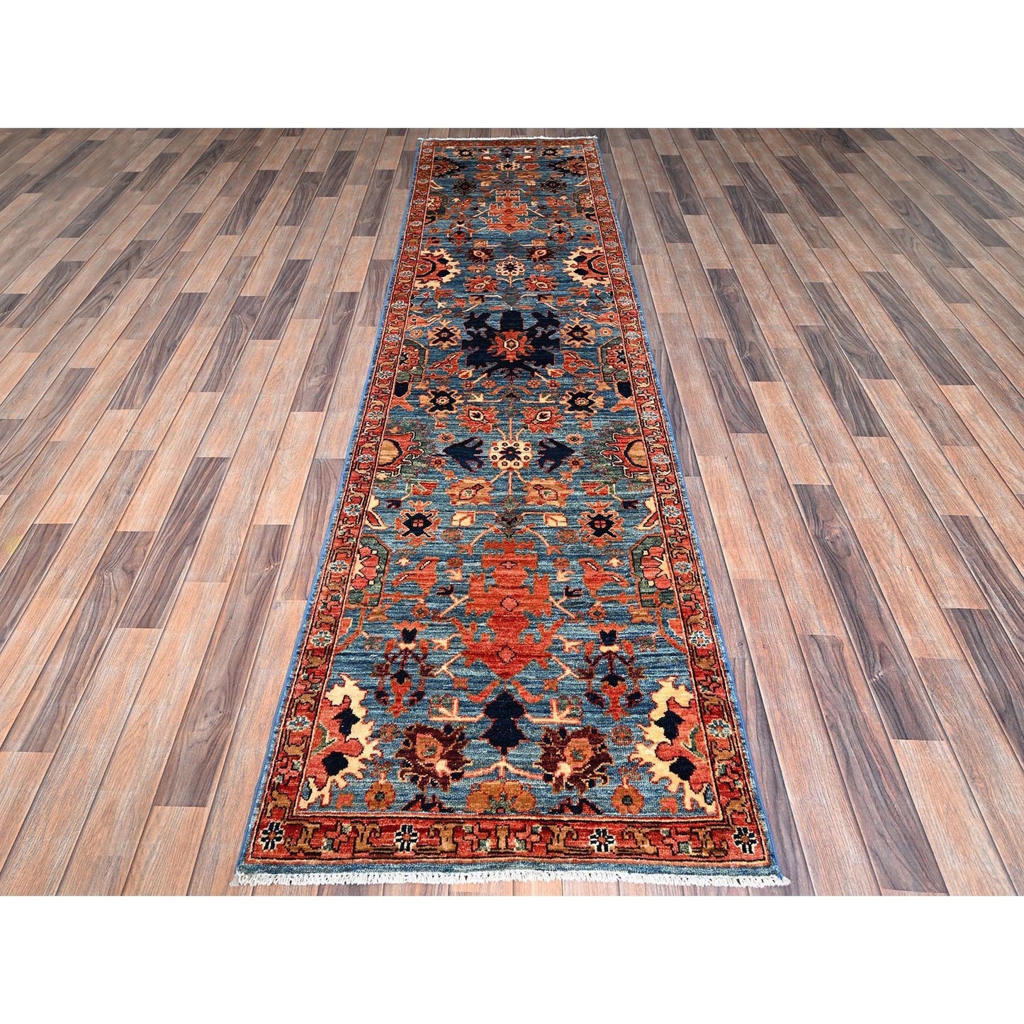 2'7"X9'9" Blue Heris All Over Design Soft Wool Hand Knotted Runner Rug