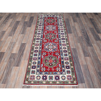 2'1"X6' Red Kazak With Tribal Design Hand Knotted Soft Wool Runner Rug