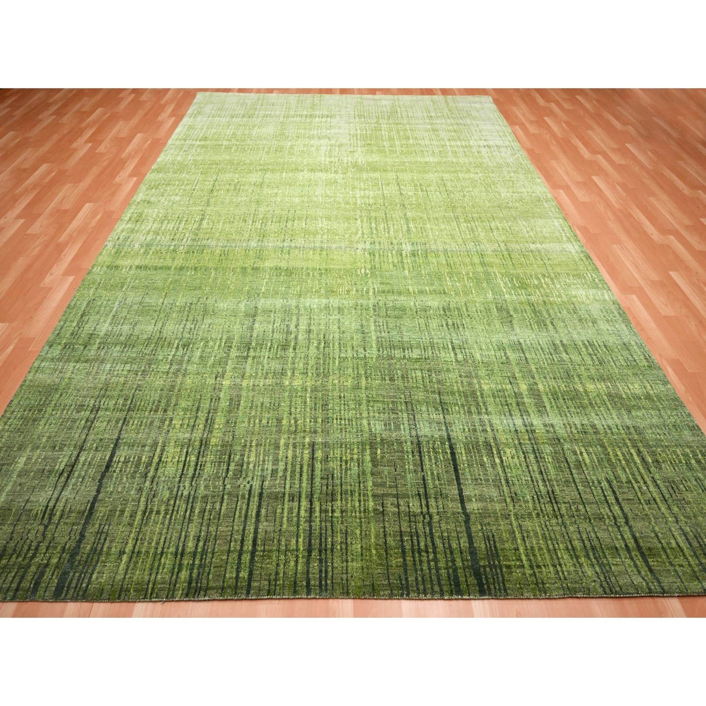 9'X12'3" Moss Green, Vertical Ombre Design, Hand Knotted, Soft Wool Rug