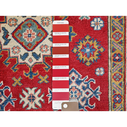3'8"X4'10" Crimson Red Kazak With Tribal Motifs Hand Knotted Soft Wool Rug