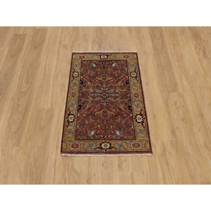 2'1"X3'3" Red Hand Knotted Antiqued Fine Heris Re-Creation Wool Mat Rug