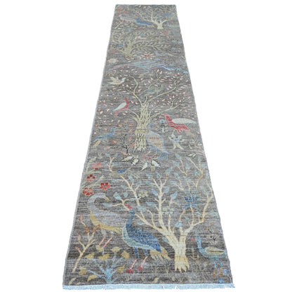 2'8"X11'10" Brown Peshawar Birds Design Hand Knotted Soft Wool Runner Rug