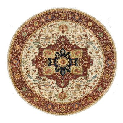 10'X10' Ivory Heris Re-Creation Hand Knotted Wool Round Oriental Rug