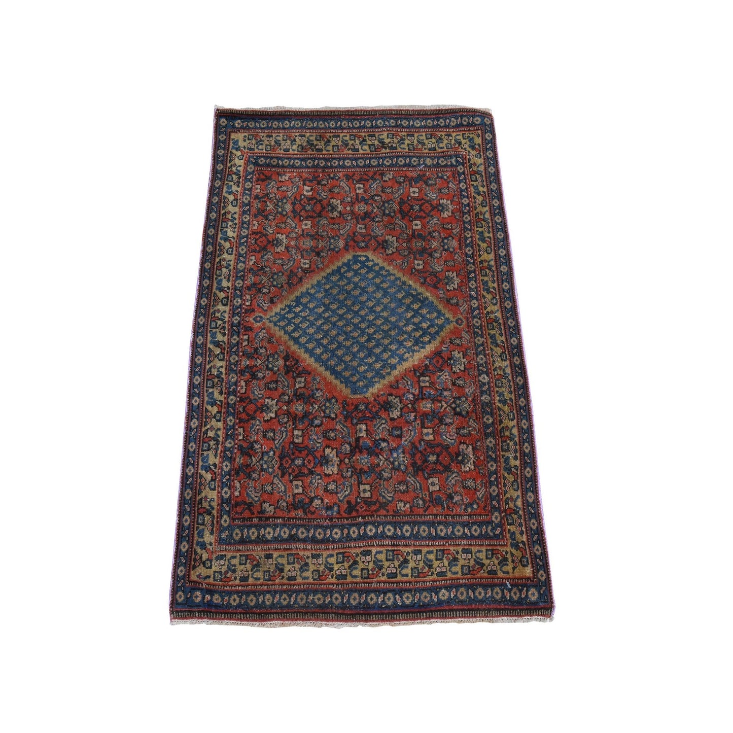1'10"X3'2" Red Antique Zoroastrian Even Wear Wool Hand Knotted Mat Rug