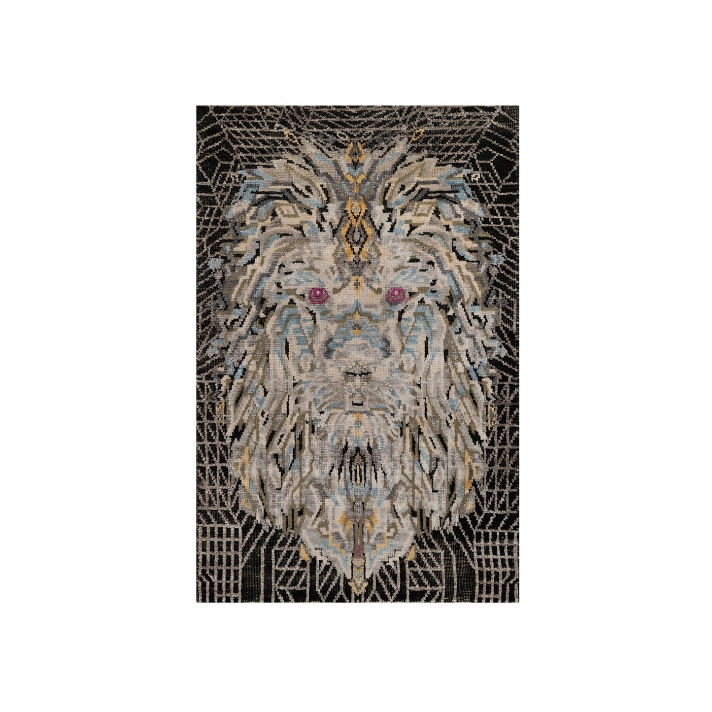 2'X3' Black The Maharaja Lion Novelty Mat Rug Wool And Silk Hand Knotted