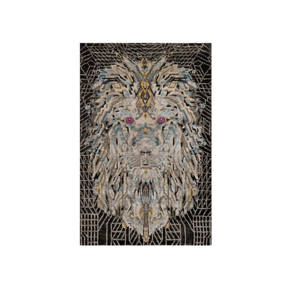 2'X3' Black The Maharaja Lion Novelty Mat Rug Wool And Silk Hand Knotted