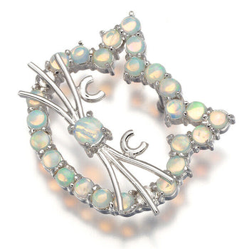 White Opal Cat Brooch 18K 750 White Gold