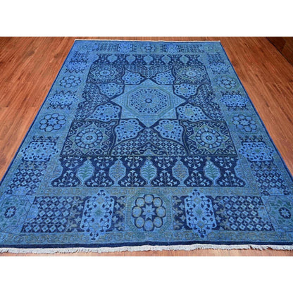 8'X9'6" Blue Peshawar Mamluk Design Distressed 100% Wool Hand Knotted Rug