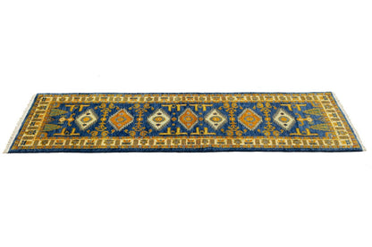 Vintage Style Blue Geometric Kazak Runner Rug