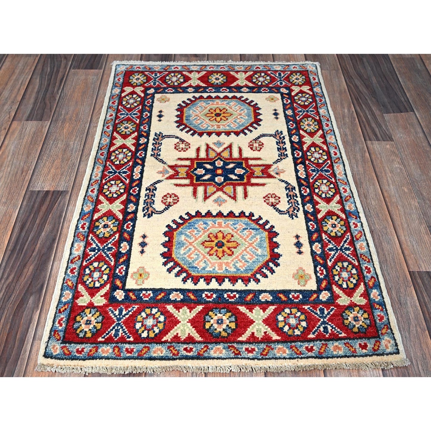 2'X3'1" White Kazak With Geometric Design Soft Wool Hand Knotted Sample Rug