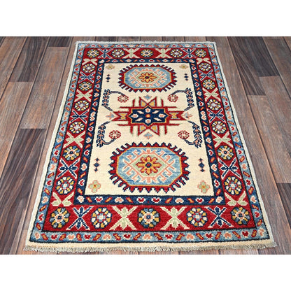 2'X3'1" White Kazak With Geometric Design Soft Wool Hand Knotted Sample Rug