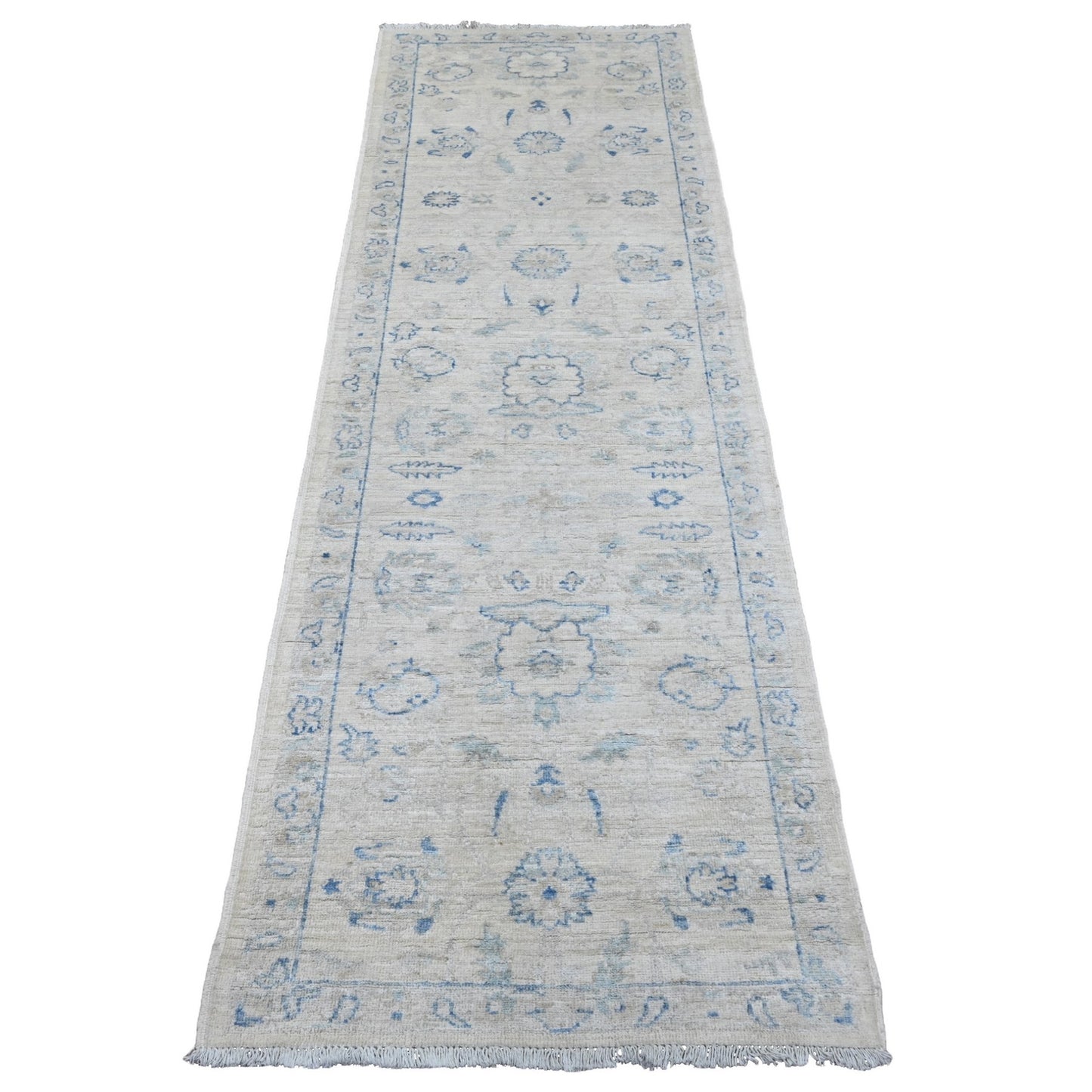 2'6"X7'10" White Hand Knotted Washed Out Peshawar 100% Wool Runner Rug