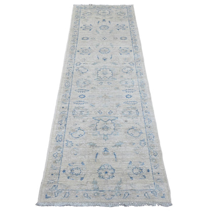 2'6"X7'10" White Hand Knotted Washed Out Peshawar 100% Wool Runner Rug