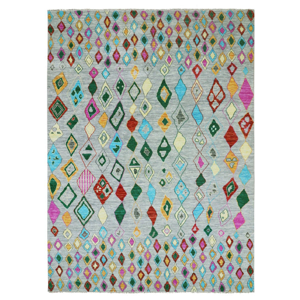 10'2"X14' Gray Colorful Moroccan Inspired Design Hand Knotted Wool Rug