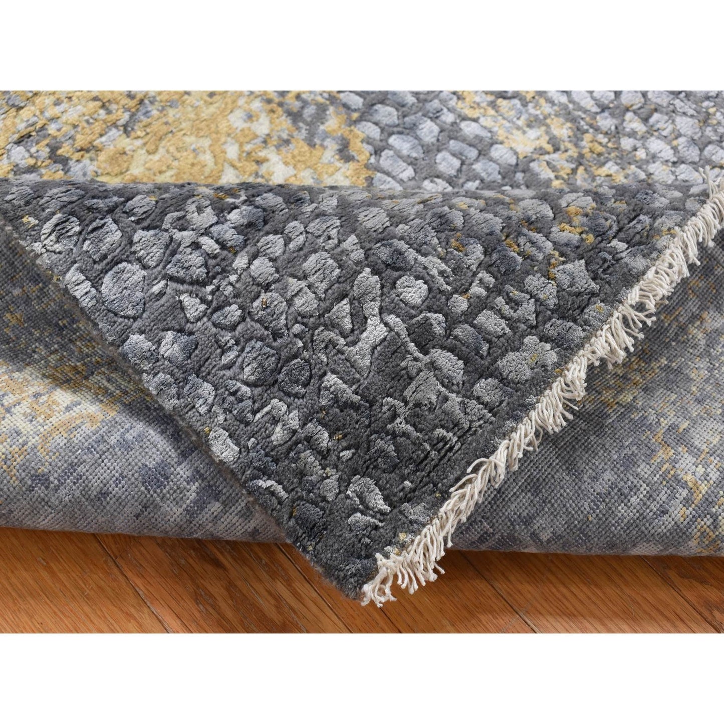 3'2"X9'10" Gray Zoroastrian Design Wool And Silk Runner Hand Knotted Rug