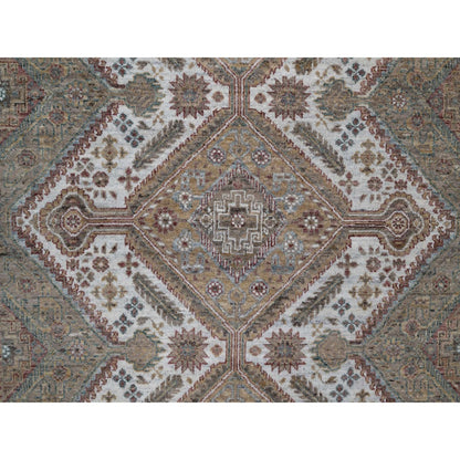 8'X10' Ivory Wool Rug Unique Flower Rosettes Border Design Hand Knotted