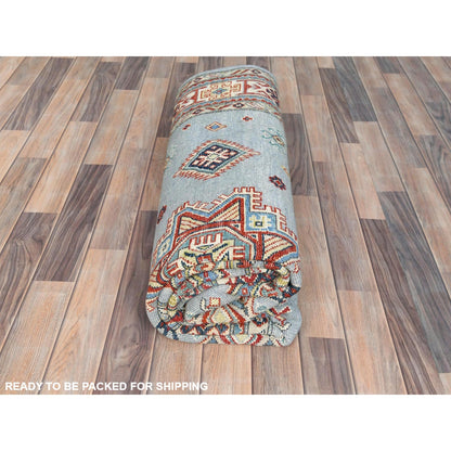 6'1"X8'9" Blue Special Kazak With Geometric Design Wool Hand Knotted Rug