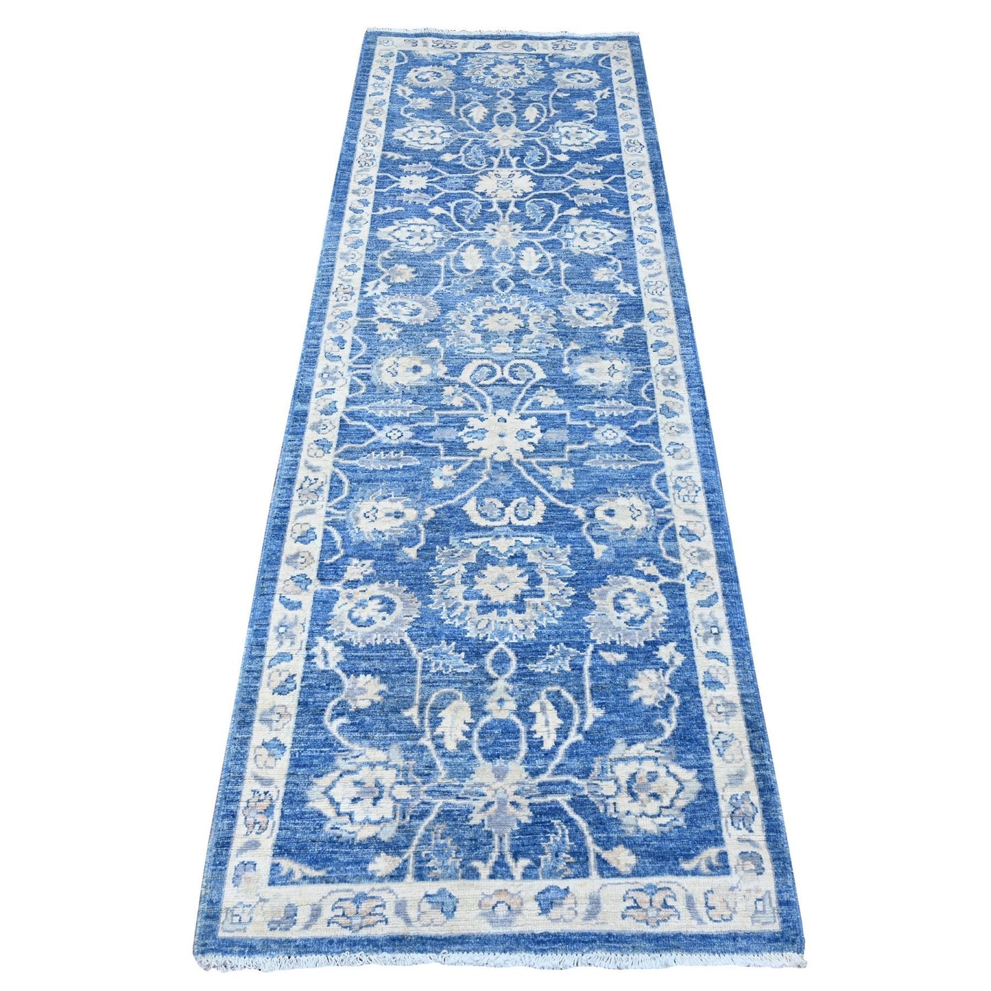 2'6"X7'9" Blue Peshawar Mahal Design Hand Knotted Runner Oriental Rug