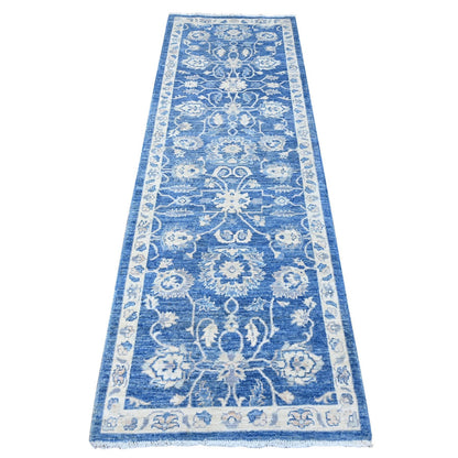 2'6"X7'9" Blue Peshawar Mahal Design Hand Knotted Runner Oriental Rug