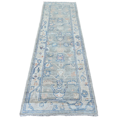 2'9"X9'2" Gray Hand Knotted Angora Oushak All Over Design Wool Runner Rug