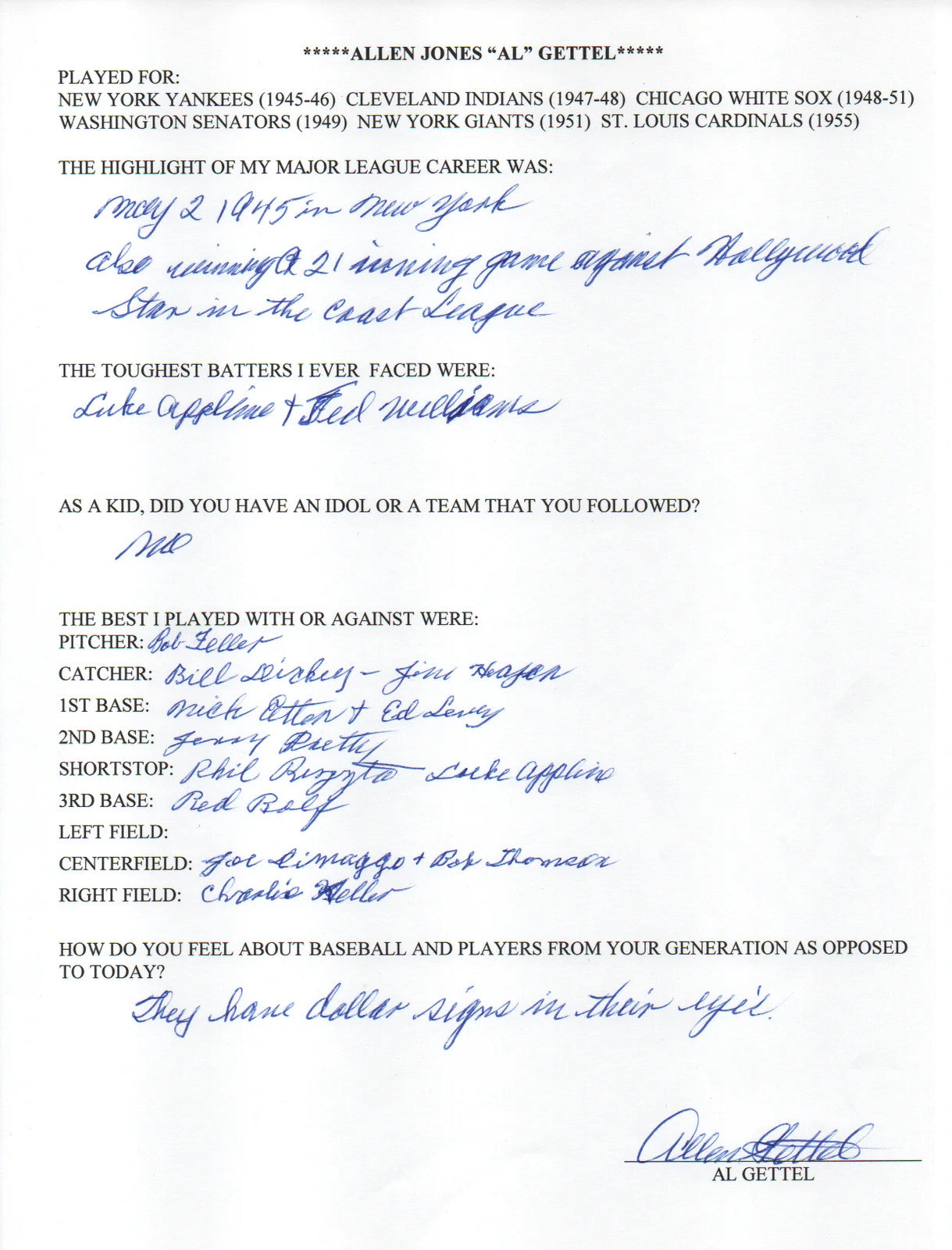 Al Gettel Autographed Hand Filled Out Survey Page (Jsa)