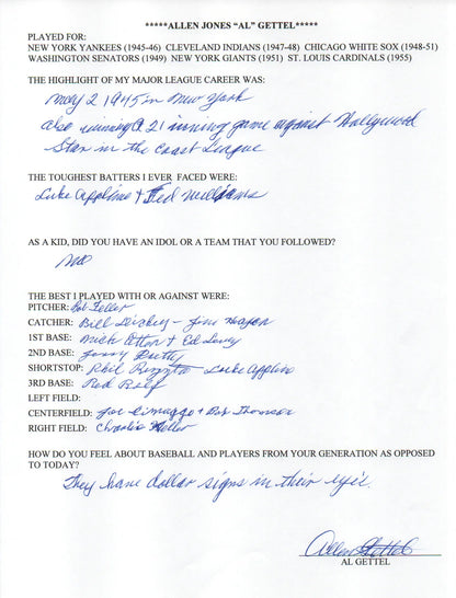 Al Gettel Autographed Hand Filled Out Survey Page (Jsa)