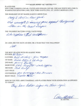 Al Gettel Autographed Hand Filled Out Survey Page (Jsa)