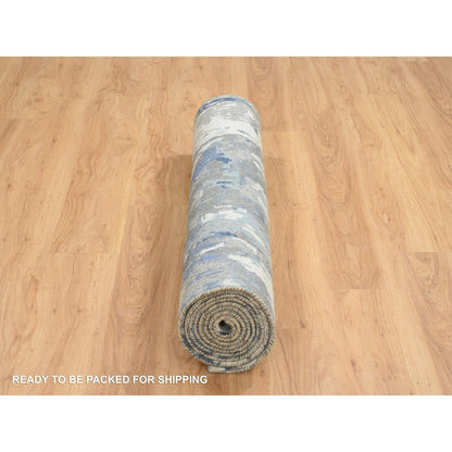 4'2"X11'9" Blue Modern Design Wool And Silk Hand Knotted Wide Runner Rug