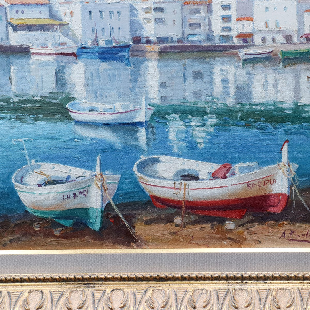Agustin Pardo Original Oil Painting Sunday Silence Boats Harbor Spain F6 Framed