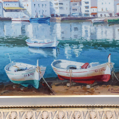 Agustin Pardo Original Oil Painting Sunday Silence Boats Harbor Spain F6 Framed