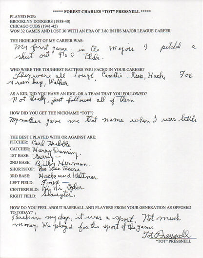 Tot Pressnell Autographed Hand Filled Out Survey Page (Jsa)