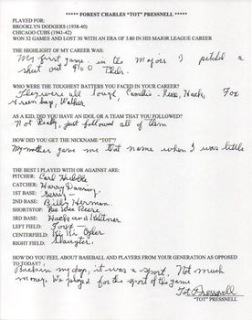Tot Pressnell Autographed Hand Filled Out Survey Page (Jsa)