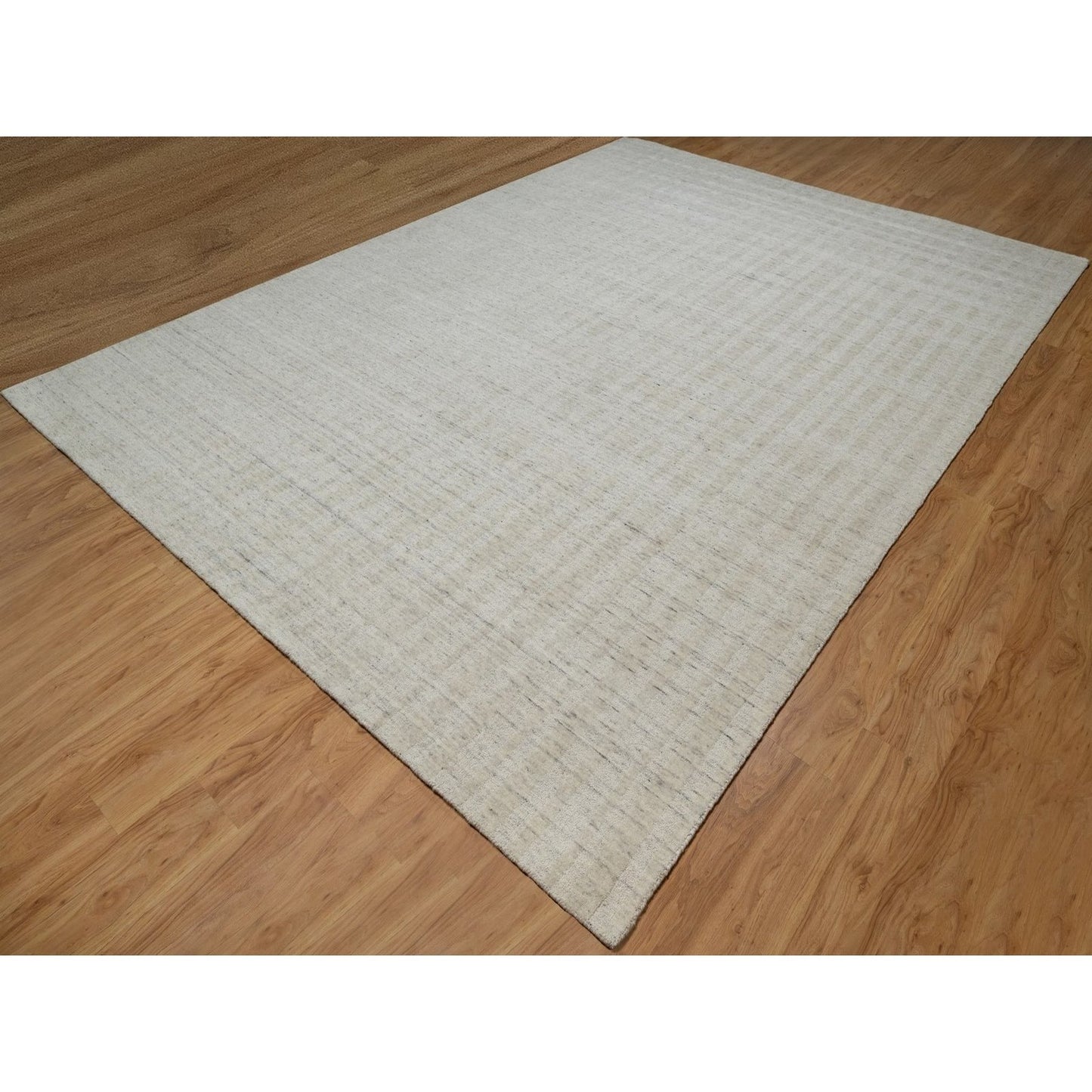 10'X14' Ivory Undyed Natural Wool Vertical Stripes Design Hand Loomed Rug