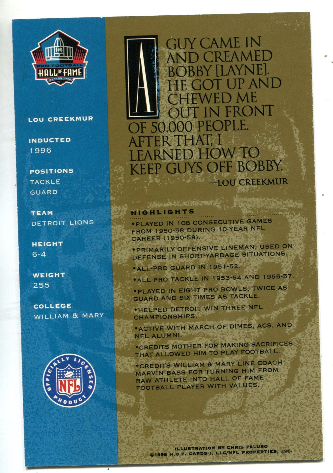 Lou Creekmur 1998 Autographed Gold Hall Of Fame Card (Lot Of 5)