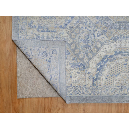 9'X11'9" Ivory-Blue Pure Natural Linen Mamluk Design Hand Knotted Rug