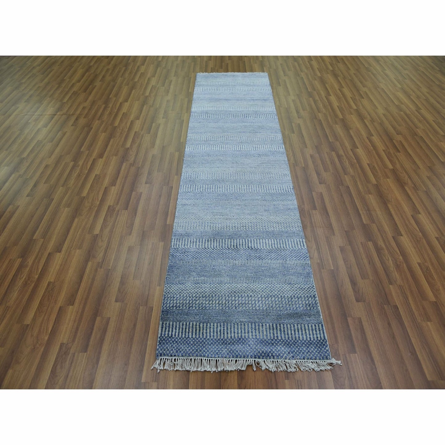 2'6"X9'10" Blue Hand Knotted Modern Grass Design Wool And Silk Runner Rug