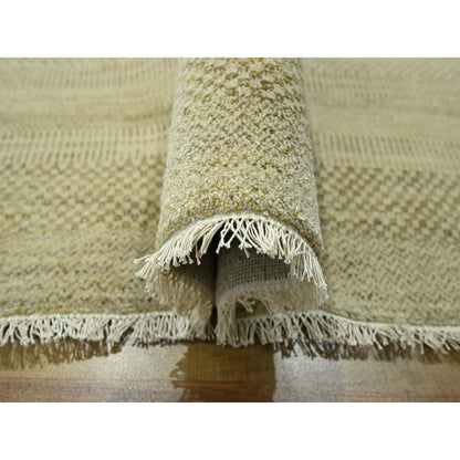 9'1"X12'3" Ecru Brown Modern Grass Design Hand Knotted Wool And Silk Rug