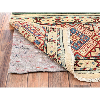 2'10"X13' Ivory Kazak With Geometric Pattern Hand Knotted Wool Runner Rug